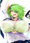  :d arm_up bad_id bad_pixiv_id bra breasts bursting_breasts cleavage covered_nipples eyepatch gloves green_bra green_hair huge_breasts kiriyama lying on_back open_clothes open_mouth open_shirt otonashi_kiruko shinmai_fukei_kiruko-san shirt short_hair smile solo underwear yellow_eyes 