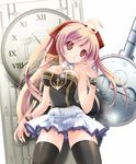  ahoge bare_shoulders black_legwear breasts character_request clock large_breasts long_hair looking_at_viewer momoiro_taisen_pairon nagato_tamakichi pink_hair red_eyes roman_numerals skirt solo thighhighs 