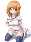  ball black_legwear blush braid breasts buruma collarbone gym_uniform half_updo kneeling looking_at_viewer medium_breasts orange_hair original red_eyes short_hair sketch smile solo thighhighs thighs tsukumiya_amane white_background 