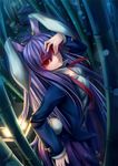  animal_ears bamboo bamboo_forest blazer breasts bunny_ears bunny_tail cleavage forest hand_over_face jacket kaizeru lantern long_hair medium_breasts nature parted_lips purple_hair red_eyes reisen_udongein_inaba skirt solo tail touhou undone_necktie 