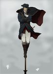  assassin's_creed_(series) assassin's_creed_iii black_hair cape crossed_arms gb_(doubleleaf) hat haytham_kenway male_focus paper simple_background solo standing_on_object sword tricorne vambraces weapon 