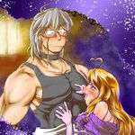  1girl ahoge blonde_hair blush choker constricted_pupils glasses gloves heart_ahoge hetero highres mannosuke morichika_rinnosuke muscle off_shoulder open_mouth red_eyes shuma_(daitokei) silver_hair sweat sweatdrop touhou yakumo_yukari yellow_eyes 