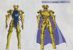  anime araki_shingo armor cape character_design character_sheet gemini_kanon gold golden helmet himeno_michi knight long_hair production saint_seiya settei very_long_hair 