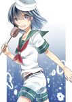  anchor bad_id bad_pixiv_id belt blue_eyes blue_hair blush hat highres hishaku koyuri_shouyu ladle looking_at_viewer murasa_minamitsu neckerchief open_mouth sailor sailor_hat shirt short_hair short_sleeves shorts smile solo touhou 