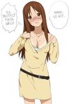  1girl a1 belt blush breasts brown_eyes brown_hair cleavage glasses hard_translated jewelry k-on! long_hair necklace off_shoulder solo sweatdrop sweater sweater_dress tan tanline translated yamanaka_sawako 