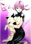  1girl animal black_eyes breasts dog gantz gantz_suit highres kishimoto_kei kneeling large_breasts lipstick looking_at_viewer makeup nipples no_bra pink_hair short_hair smile tongue tongue_out 