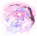  arm_ribbon blue_dress bug butterfly cherry_blossoms dress ghost hands_on_own_chest hat insect kz_nagomiya pink_eyes pink_hair revision ribbon saigyouji_yuyuko short_hair solo touhou tree wide_sleeves 