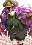  blush book boots bow breasts colorized eyepatch gloves goma_azarasi hair_bow hair_ribbon hat highres jacket large_breasts long_hair military military_uniform patchouli_knowledge purple_eyes purple_hair revision ribbon skirt solo sukage touhou uniform 