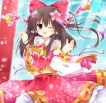  alternate_costume ascot blush bow brown_hair detached_sleeves flower hair_bow hair_tubes hakurei_reimu maccha one_eye_closed open_mouth red_eyes skirt smile solo touhou 