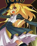  black_rock_shooter blonde_hair chariot_(black_rock_shooter) claws crown dress fang hair_over_one_eye kakikukeko long_hair open_mouth revision smile solo yellow_eyes 