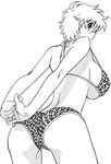  animal_print arms_behind_back ass back bikini breasts cynthia_the_mission from_behind glasses greyscale highres large_breasts leopard_print looking_back monochrome short_hair sideboob solo strap_gap swimsuit takatou_rui takaya_kanae underboob 