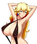  1girl armpits arms_behind_head arms_over_head bikini blonde_hair blue_eyes breasts cleavage earring earrings erect_nipples hands_behind_head huge_breasts jewelry long_hair looking_at_viewer mario_(series) naughty_face nintendo nipples pose princess princess_peach sling_bikini smile solo super_mario_bros. swimsuit withpride 