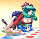  absurdres between_breasts black_legwear blue_eyes blue_hair blush breast_rest breasts breasts_on_head cleavage food front_ponytail gradient gradient_background green_eyes green_hair hair_ribbon hat highres jacket kagiyama_hina kawashiro_nitori large_breasts long_hair long_sleeves m-1_grand_prix multiple_girls one_eye_closed open_mouth playing_games raionsan ribbon school_swimsuit scrunchie short_hair swimsuit swimsuit_under_clothes thighhighs touhou twister two_side_up zipper 