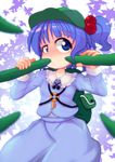  backpack bag blue_eyes blue_hair blush cucumber hair_bobbles hair_ornament hat kawashiro_nitori key sexually_suggestive skirt skirt_set solo torotei touhou 