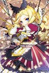  :o armor bad_id bad_pixiv_id blonde_hair blue_eyes bow breastplate chain cherrypin dress dual_wielding hair_bow holding knife long_hair looking_at_viewer pointy_ears solo soukoku_no_regalia striped vertical_stripes watermark 