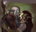  black_hair blue_skin claws clothing eyes_closed facial_hair gazrael green_skin hair hand_holding male necklace piercing polearm red_hair romantic staff troll video_games warcraft white_hair world_of_warcraft 