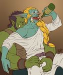  adr alcohol belt beverage biceps black_hair blonde_hair blue_skin blush bottle braid clothing drunk duo gay green_skin grin grope hair humanoid intoxicated male muscles not_furry open_mouth orc rape_face teeth tongue troll tusks video_games warcraft world_of_warcraft wristband 
