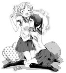  blush copyright_request greyscale highres monochrome multiple_girls nagisa_honoka open_mouth school_uniform serafuku skirt smile translated yuri 