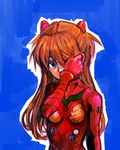  blue_eyes bodysuit breasts covering_one_eye evangelion:_3.0_you_can_(not)_redo hair_ornament highres kikiki_(hiya_mikan) long_hair looking_at_viewer neon_genesis_evangelion orange_hair plugsuit rebuild_of_evangelion shikinami_asuka_langley small_breasts solo souryuu_asuka_langley 