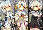  arm_up armpit_peek artist_name bangs bare_shoulders breasts character_name cleavage code:_battle_seraph_(elsword) code:_empress_(elsword) code:_nemesis_(elsword) copyright_name crown elsword eve_(elsword) eyebrows_visible_through_hair facial_mark flat_chest forehead_jewel long_hair looking_at_viewer moby_(elsword) multiple_girls multiple_persona parted_bangs pika_(kai9464) remy_(elsword) silver_hair white_sleeves yellow_eyes 