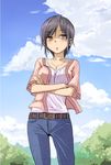  bad_id bad_pixiv_id blush breasts cloud crossed_arms day denim jeans medium_breasts original pants short_hair sky solo yoropa 