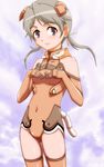  acid_(acid-field) bad_id bad_pixiv_id bangs bare_shoulders blush breasts cloud collarbone covered_navel covering covering_breasts cowboy_shot day elbow_gloves gloves grey_hair hair_ribbon halterneck headgear leotard light_smile looking_at_viewer low_twintails motion_slit orange_legwear orange_leotard outdoors parted_bangs purple_eyes red_leotard ribbon short_hair short_twintails sky sky_girls small_breasts smile solo sonomiya_karen thighhighs turtleneck twintails zipper 