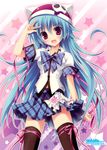  :d absurdres black_legwear blue_hair bow copyright_request fang hat highres karory long_hair open_mouth panties pantyshot pink_eyes plaid plaid_bow plaid_skirt ribbon school_uniform skirt smile solo thigh_ribbon thighhighs underwear v very_long_hair white_panties 