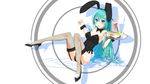  alternate_costume animal_ears blue_hair bunny_ears bunny_girl bunnysuit drink fishnet_legwear fishnets food garter_straps hatsune_miku high_heels highres leotard long_hair resized revision shoes solo thighhighs tray very_long_hair vocaloid yuragi_(amriel) 