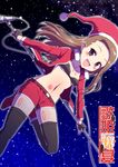  arms_behind_back black_legwear blush bra brown_eyes brown_hair elbow_gloves fingerless_gloves gloves hat idolmaster idolmaster_(classic) jacket long_hair microphone microphone_stand midriff minase_iori navel night night_sky ookami_maito open_clothes open_jacket open_mouth santa_costume santa_hat skirt sky smile solo star thighhighs underwear 