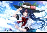  arm_up bad_id bad_pixiv_id bangs blouse blue_hair bow bowtie cloud cloudy_sky floating_hair food fruit hair_between_eyes hand_on_headwear hat hinanawi_tenshi leaf letterboxed long_hair looking_at_viewer peach puffy_short_sleeves puffy_sleeves red_bow red_eyes ruuto_(sorufu) short_sleeves sidelocks sky solo sunlight touhou upper_body white_blouse wind 