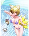  animal_ears bare_shoulders bikini blonde_hair chibi collarbone fang fingernails fox_ears fox_tail groin hat hat_removed headwear_removed highres long_fingernails multiple_girls multiple_tails navel o_o open_mouth short_hair side-tie_bikini slug_(artist) swimsuit tail touhou yakumo_ran yakumo_yukari yellow_eyes 