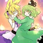  bad_id bad_pixiv_id belt blonde_hair blush bracelet closed_eyes dress green_dress green_hair hand_on_another's_cheek hand_on_another's_face hand_on_another's_shoulder hat hat_ribbon headphones jewelry long_sleeves looking_at_viewer multiple_girls open_mouth ribbon shirt short_hair skirt sleeveless sleeveless_shirt smile soga_no_tojiko sword takamura touhou toyosatomimi_no_miko weapon yellow_eyes yuri 