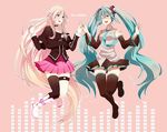  achu aqua_hair bad_id bad_pixiv_id blue_eyes boots character_name choker detached_sleeves green_eyes hatsune_miku holding_hands ia_(vocaloid) long_hair multiple_girls necktie one_eye_closed pink_hair skirt thigh_boots thighhighs twintails very_long_hair vocaloid 