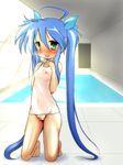  blue_hair blush fingers green_eyes highres izumi_konata kneeling long_hair lucky_star mizushima_(p201112) nipples open_mouth ribbon school_swimsuit see-through see_trough swimsuit toes twintails 