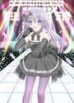  bad_id bad_pixiv_id bare_shoulders dress elbow_gloves feathers gloves hair_ornament long_hair microphone music neck_ribbon open_mouth original outstretched_arm pantyhose purple_eyes purple_hair purple_legwear resized revision ribbon singing solo stage tsukino_neru 