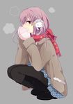  bad_id bad_pixiv_id blush boots brown_eyes coat earmuffs heart heart-shaped_pupils long_hair mittens original pantyhose pink_hair red_scarf ribbon sakuragi_yuzuki scarf skirt smile solo squatting symbol-shaped_pupils 