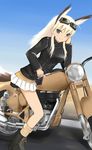  animal_ears blonde_hair goggles goggles_on_head green_eyes ground_vehicle hanna-justina_marseille long_hair long_sleeves military military_uniform motor_vehicle motorcycle rasielcochma skirt solo strike_witches uniform world_witches_series 