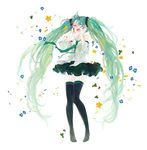  72_(nananatsu) banned_artist bare_shoulders chaining_intention_(vocaloid) closed_eyes clover commentary_request detached_sleeves flower green_hair hatsune_miku long_hair necktie open_mouth petals revision skirt solo thighhighs twintails very_long_hair vocaloid 