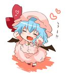  bad_id bad_pixiv_id bat_wings blue_hair closed_eyes fang hat hat_ribbon heart open_mouth outstretched_arms outstretched_hand remilia_scarlet ribbon shirt short_hair short_sleeves simple_background skirt skirt_set smile solo takamura touhou translated uu~ white_background wings younger 