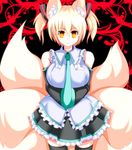  animal_ears bare_shoulders black_legwear blonde_hair breast_hold breasts cosplay detached_sleeves fox_ears fox_tail hair_ornament hands_in_opposite_sleeves hatsune_miku hatsune_miku_(cosplay) large_breasts long_sleeves looking_at_viewer merry_(diameri) multiple_tails necktie shirt short_hair skirt smile solo tail thighhighs touhou twintails vocaloid wide_sleeves yakumo_ran yellow_eyes zettai_ryouiki 