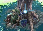  beco blonde_hair blue_eyes earrings fairy gloves hat jewelry link master_sword navi pointy_ears revision shield sword the_legend_of_zelda the_legend_of_zelda:_ocarina_of_time triforce weapon 