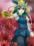  blue_eyes breasts field flower flower_field green_hair hat lips lipstick long_sleeves makeup medium_breasts open_mouth ribbon rod_of_remorse shiki_eiki short_hair skirt solo spider_lily touhou waichi 
