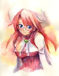  aty_(summon_night) blue_eyes blush brooch cape glasses hat jewelry kurose_kousuke long_hair looking_at_viewer red_hair ribbed_sweater smile solo summon_night summon_night_3 sweater traditional_media upper_body watercolor_(medium) 