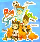  ball brown_hair character_name closed_eyes english gloves grin headband inazuma_eleven_(game) inazuma_eleven_(series) inazuma_eleven_go male_focus masuko_rara multiple_boys nemutai nishizono_shinsuke sitting smile soccer_ball star taki_yoshihiko telstar v 