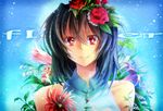  bare_shoulders brown_hair flower fuuna_(conclusion) hair_flower hair_ornament heart heart_necklace highres jewelry long_hair necklace original red_eyes smile solo upper_body 