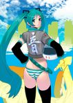  aqua_eyes aqua_hair ass black_legwear blush building cowboy_shot detached_sleeves from_behind ground_vehicle hatsune_miku headwear_removed helmet helmet_removed holding long_hair looking_back masao motor_vehicle no_pants panties scooter skindentation skyscraper smile solo striped striped_panties thighhighs twintails underwear very_long_hair vespa vocaloid 