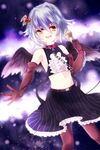  :d bad_id bad_pixiv_id black_legwear black_wings blush brown_eyes center_opening chain cleavage_cutout collar cuffs elbow_gloves gloves grey_hair hair_ornament hairclip heart_cutout highres idolmaster idolmaster_cinderella_girls koshimizu_sachiko looking_at_viewer microphone midriff navel open_mouth outstretched_arm pantyhose pinstripe_pattern short_hair skirt smile solo striped uranaishi_(miraura) wings 