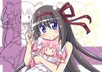  akemi_homura bad_id bad_pixiv_id black_hair doll holding kaname_madoka long_hair mahou_shoujo_madoka_magica naruse_mai pointing pointing_up purple_eyes ribbon stuffed_toy ultimate_madoka ||_|| 