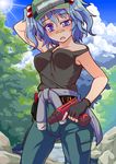  arm_behind_head bandaid bandaid_on_nose blue_eyes blue_hair blush breasts clothes_around_waist drill goggles hair_bobbles hair_ornament hand_drill hat highres jacket_around_waist kawashiro_nitori medium_breasts pants short_hair short_twintails solo sweat tanakara tank_top touhou twintails two_side_up 