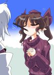  alternate_costume blush brown_hair closed_eyes food hands_clasped hat himekaidou_hatate imminent_kiss inubashiri_momiji kieyza multiple_girls own_hands_together pocky pointy_ears ribbed_sweater sweater tokin_hat touhou twintails 